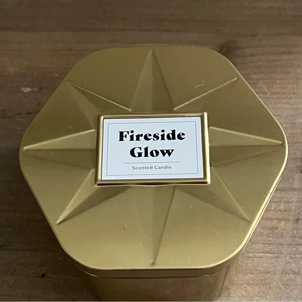 NEW Fireside Glow 3 Wick Metal Tin Candle 18oz Gold Threshold discontinued